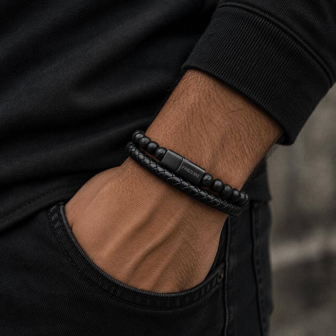 Biscayne Black Lava Rock and Leather Layered Bracelet for Men