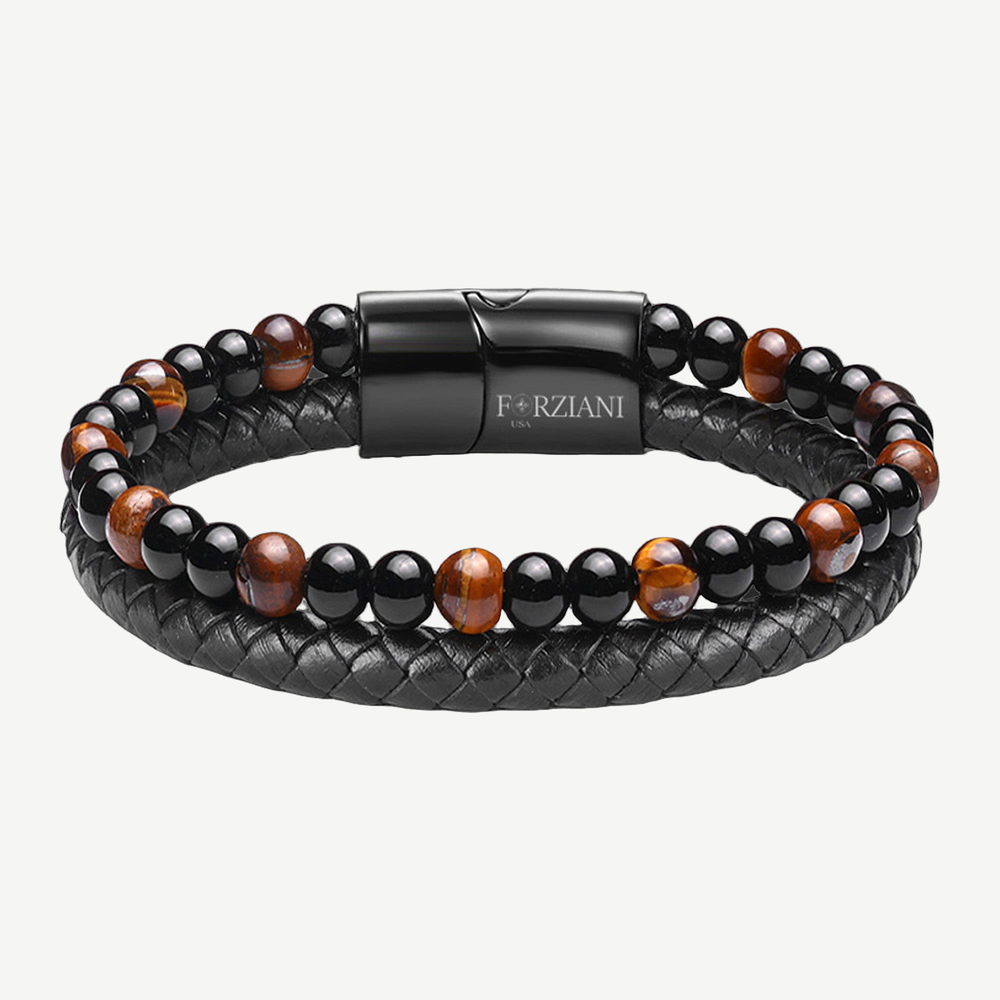 Biscayne Tigers Eye and Leather Layered Bracelet — finished light background #F5F5F3 — source image 1