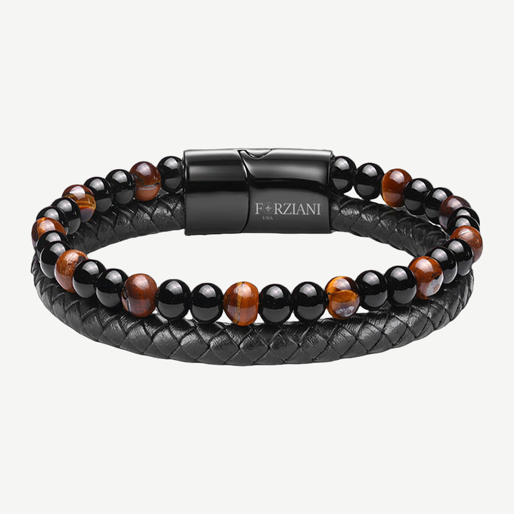 Biscayne Tigers Eye and Leather Layered Bracelet — finished light background #F5F5F3 — source image 1