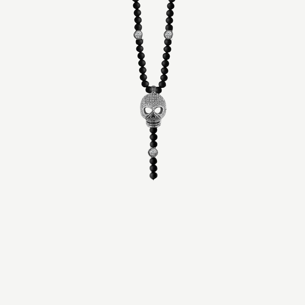 Black Agate and Pavé CZ Diamonds Skull Necklace — finished light background #F5F5F3 — source image 1