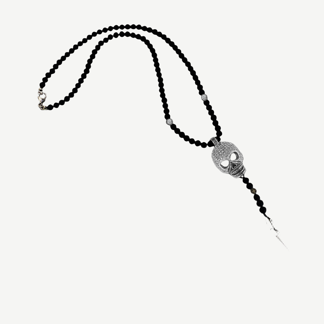 Black Agate and Pavé CZ Diamonds Skull Necklace — finished light background #F5F5F3 — source image 6