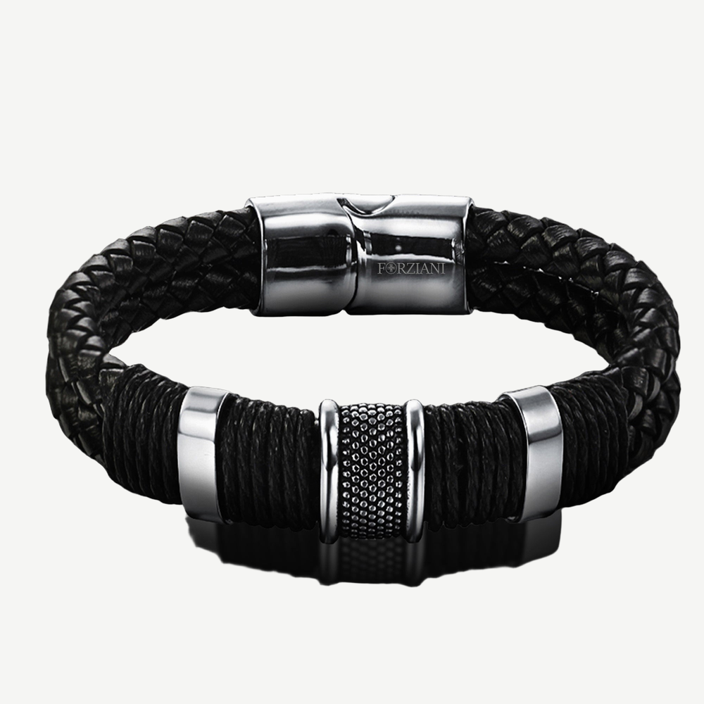 Black Nappa Double Woven Leather Men's Bracelet — finished light background #F5F5F3 — source image 1