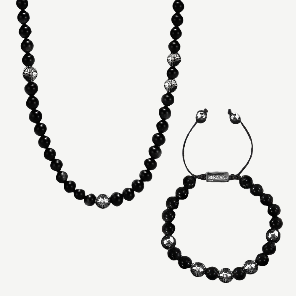 Black Onyx Beaded Necklace + Bracelet Set — finished light background #F5F5F3 — source image 1