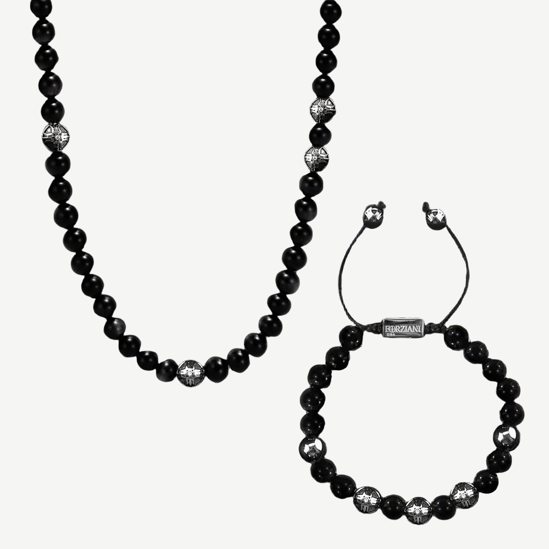 Black Onyx Beaded Necklace + Bracelet Set — finished light background #F5F5F3 — source image 1
