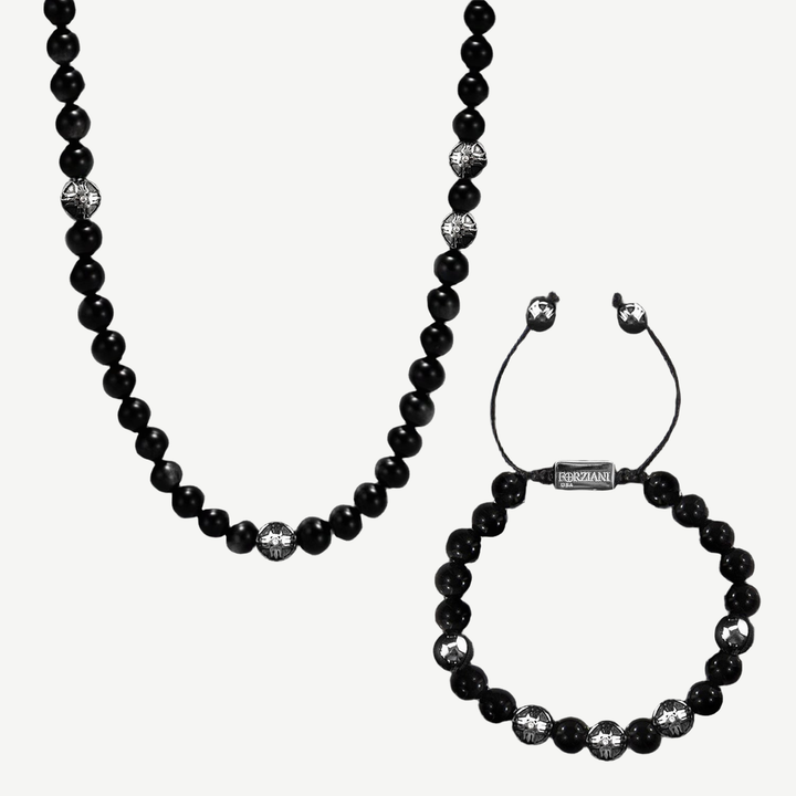 Black Onyx Beaded Necklace + Bracelet Set — finished light background #F5F5F3 — source image 1