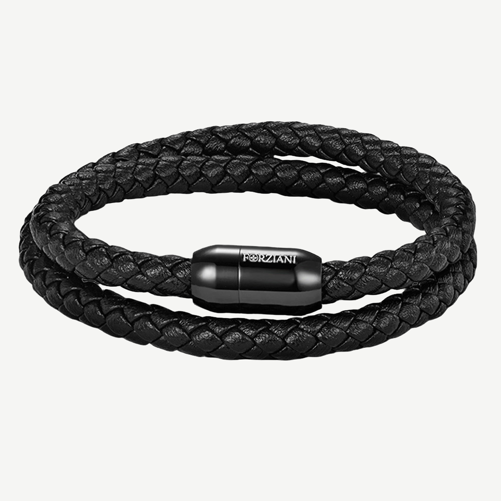 Braided Black Leather Double Wrap Bracelet — finished light background #F5F5F3 — source image 1