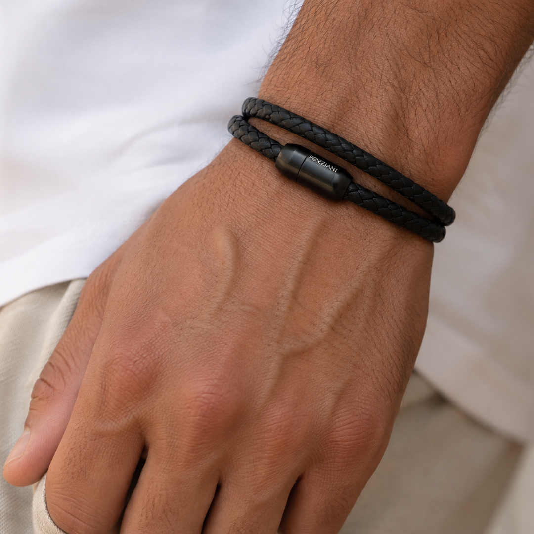 Braided Black Leather Double Wrap Bracelet