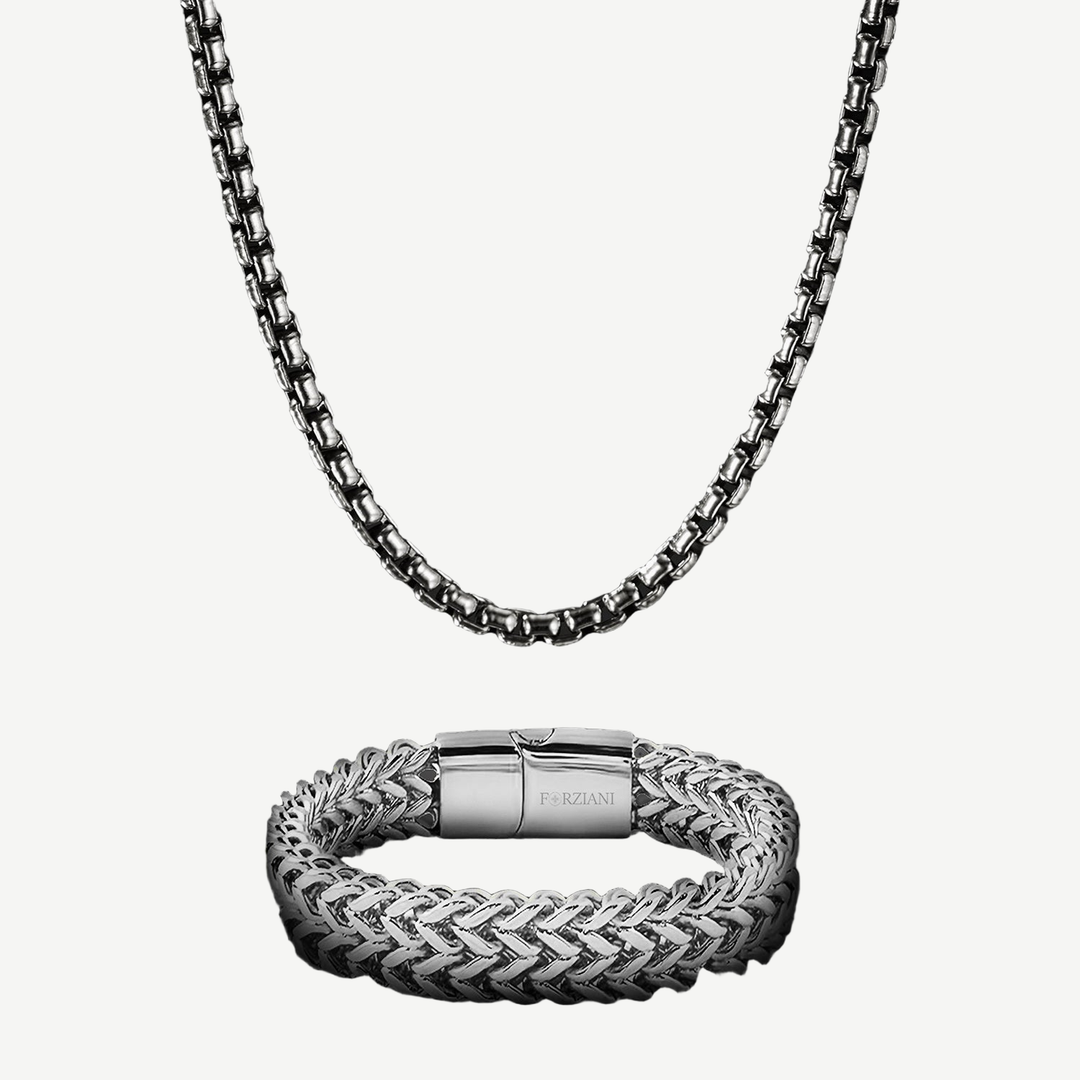 Chevron Box Chain + Bracelet Set - Silver — finished light background #F5F5F3 — source image 1