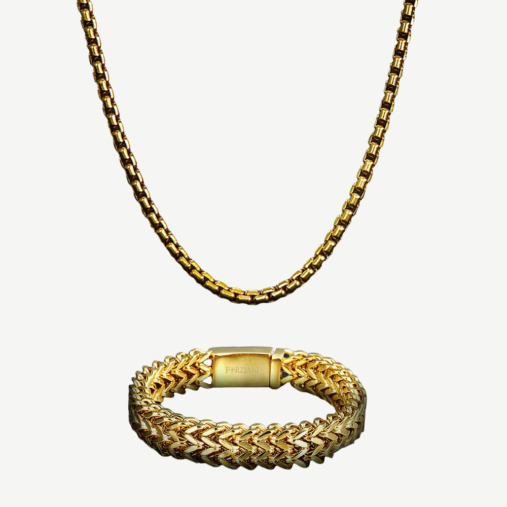 Chevron Box Chain + Bracelet Set - Gold — finished light background #F5F5F3 — source image 1