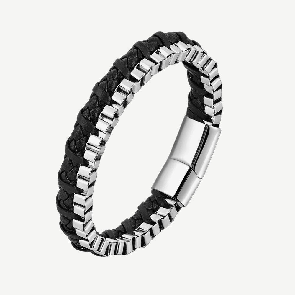 Chrome Line Steel and Leather Men's Bracelet — finished light background #F5F5F3 — source image 1