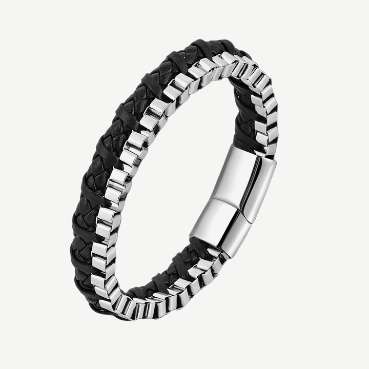 Chrome Line Steel and Leather Men's Bracelet — finished light background #F5F5F3 — source image 1