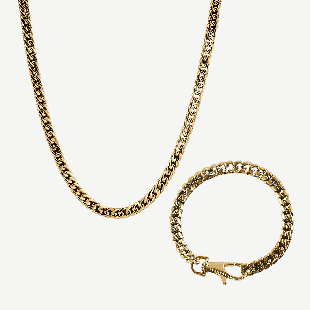 Crescent Link Chain + Bracelet Set - Gold 8mm — finished light background #F5F5F3 — source image 1
