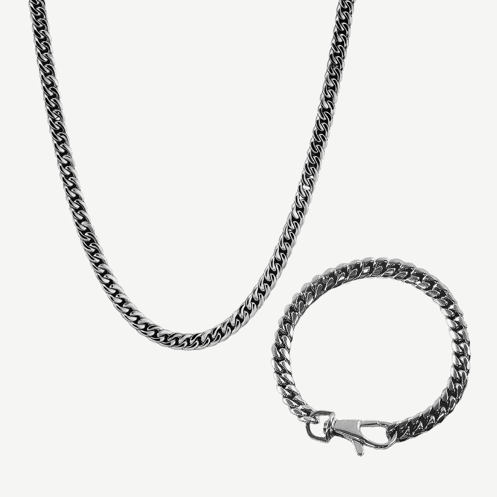 Crescent Link Chain + Bracelet Set - Silver 8mm — finished light background #F5F5F3 — source image 1