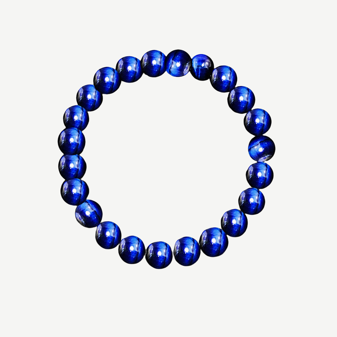 Earth Spirit Beaded Bracelet Blue Tiger's Eye, 8mm — finished light background #F5F5F3 — source image 1