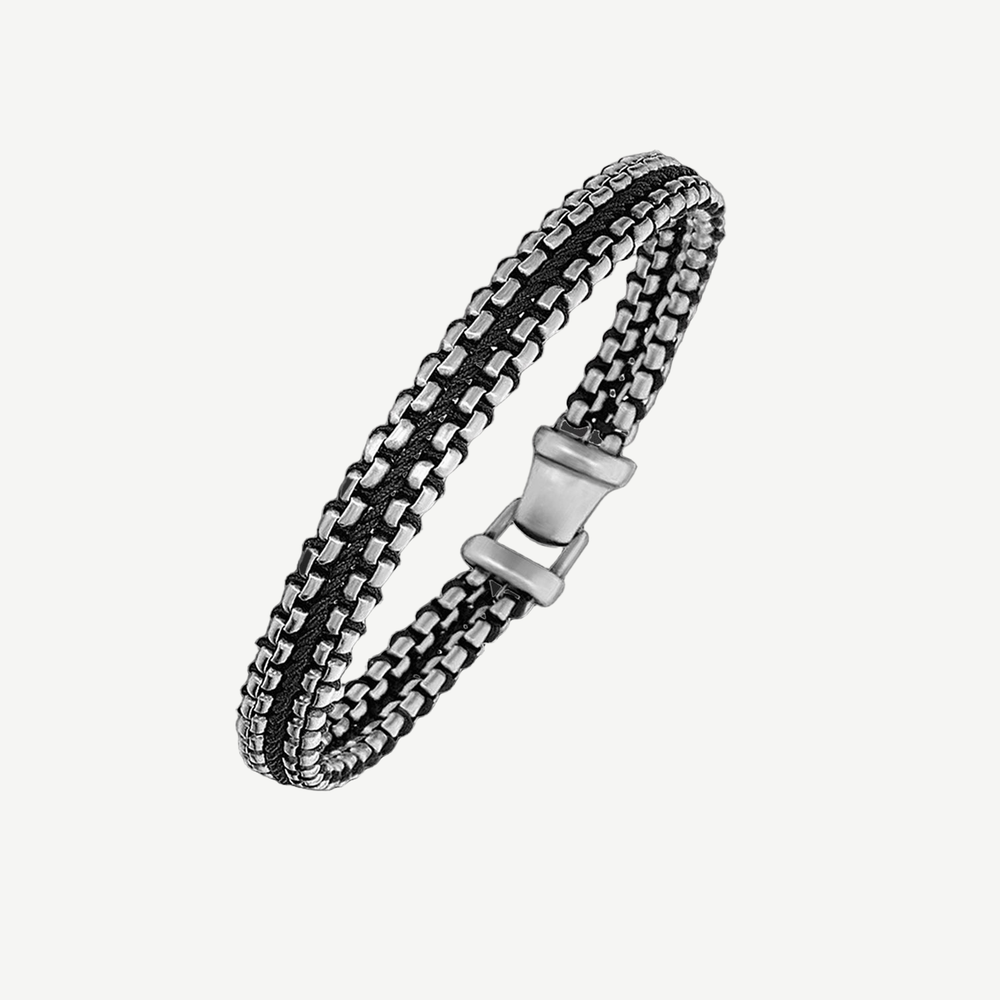 Edge Braided Steel and Leather Bracelet — finished light background #F5F5F3 — source image 1