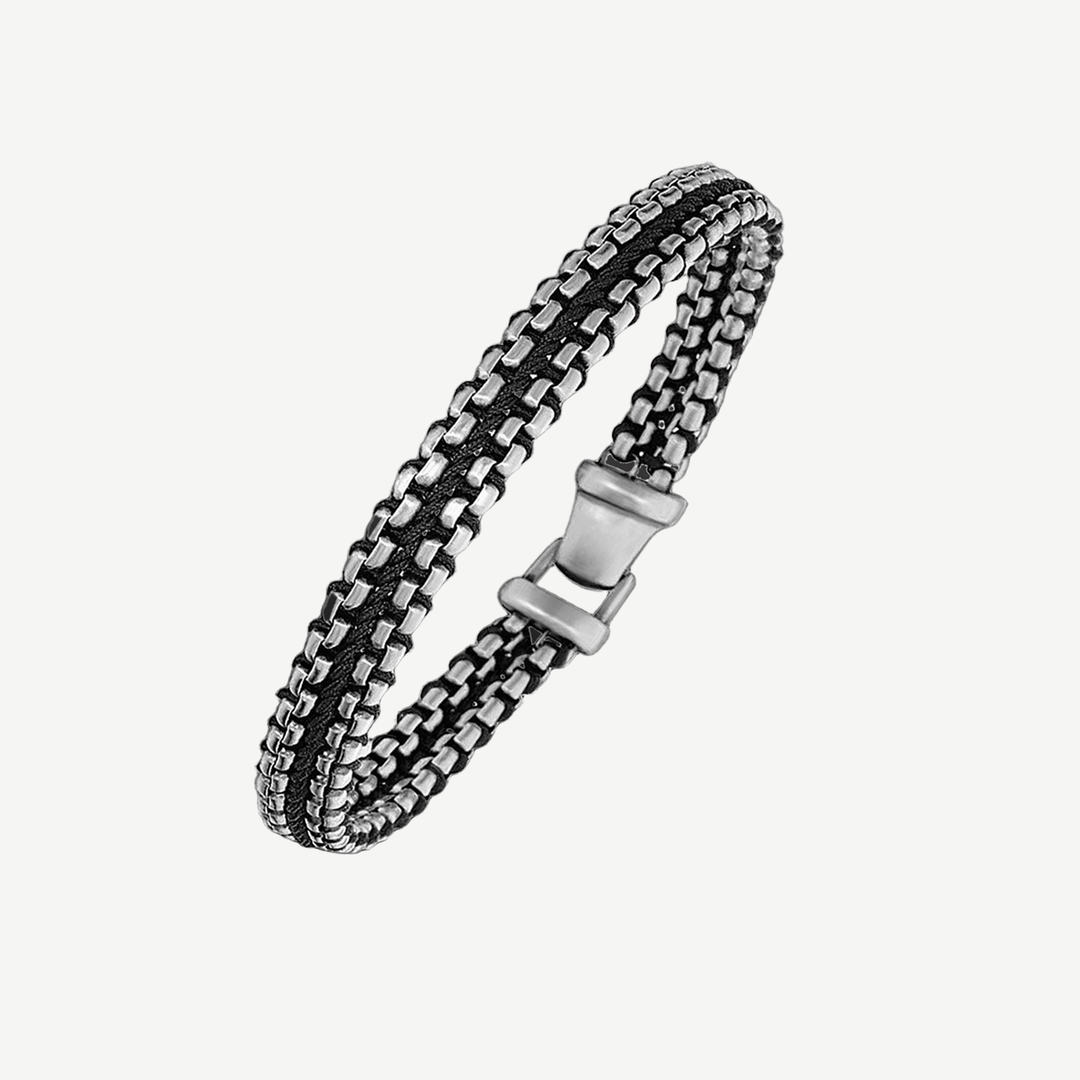 Edge Braided Steel and Leather Bracelet — finished light background #F5F5F3 — source image 1