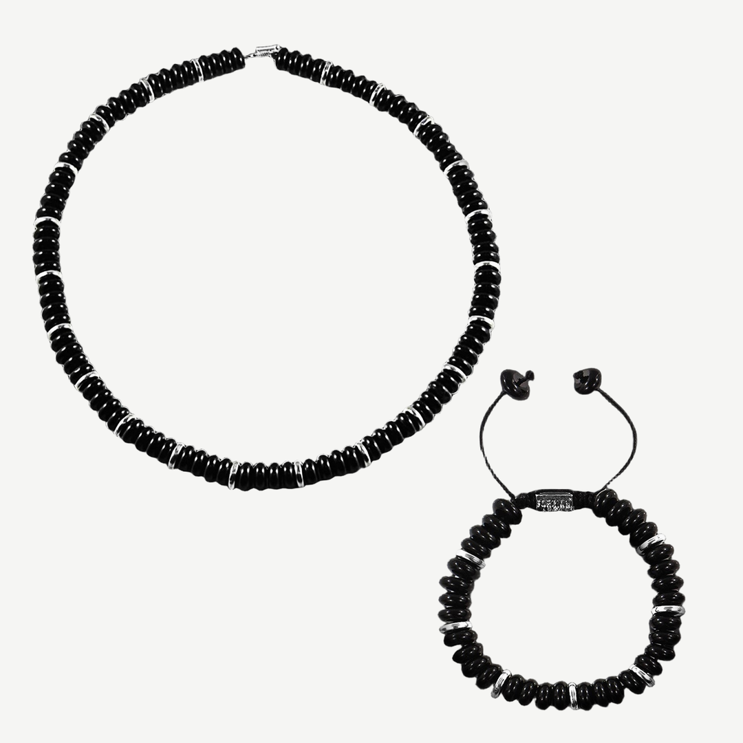 Explorer Black Onyx Disk Necklace + Bracelet Set — finished light background #F5F5F3 — source image 1