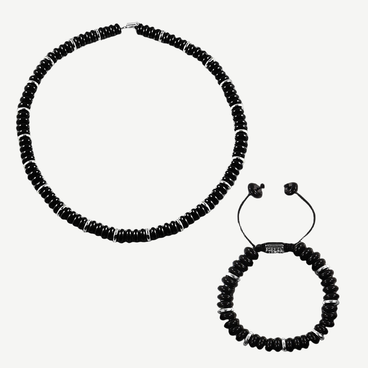 Explorer Black Onyx Disk Necklace + Bracelet Set — finished light background #F5F5F3 — source image 1