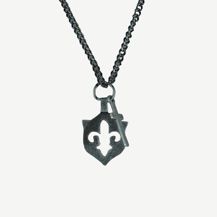Fleur De Lis and Cross Amulet Necklace — finished light background #F5F5F3 — source image 1