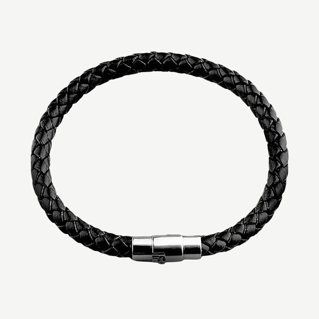 Groove Braided Black Leather Bracelet — finished light background #F5F5F3 — source image 1