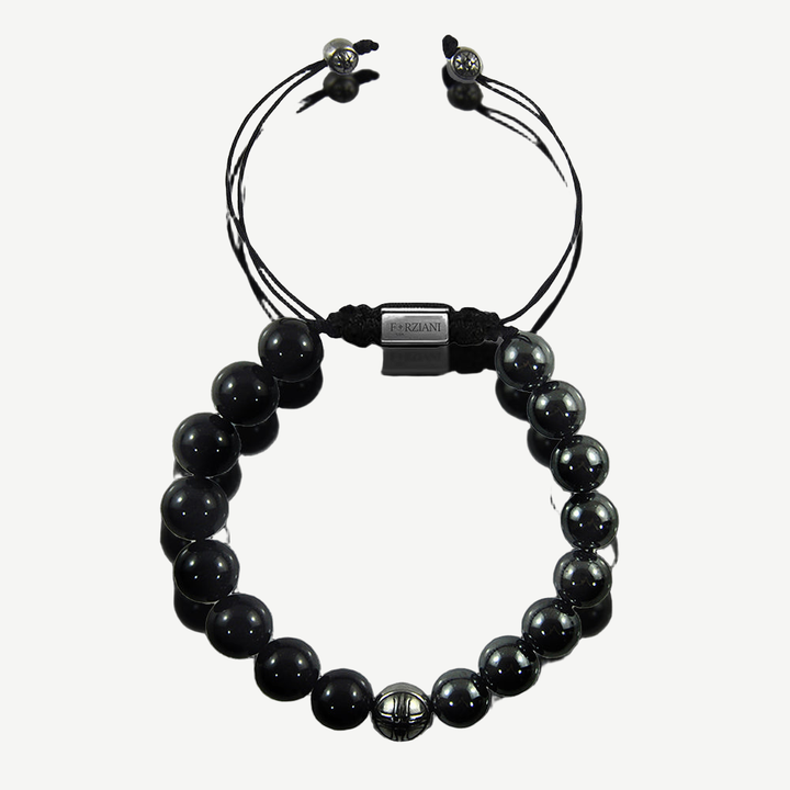 Ion Hematite and Black Onyx Beads Bracelet, 10mm — finished light background #F5F5F3 — source image 1
