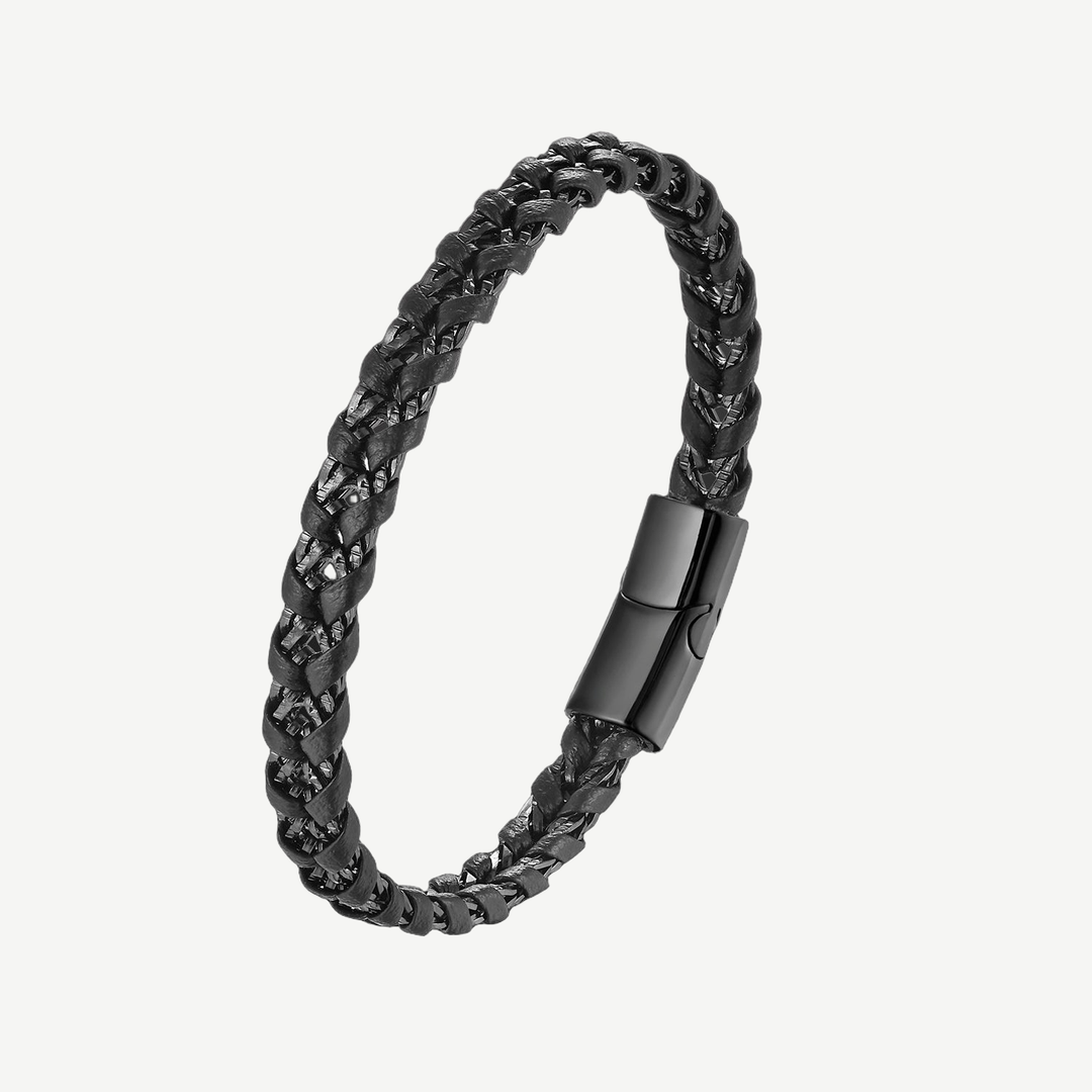 Kanso Braided Black Leather Bracelet — finished light background #F5F5F3 — source image 1