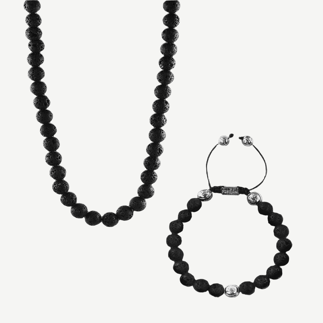 Lava Rock Beaded Necklace + Bracelet Set — finished light background #F5F5F3 — source image 1