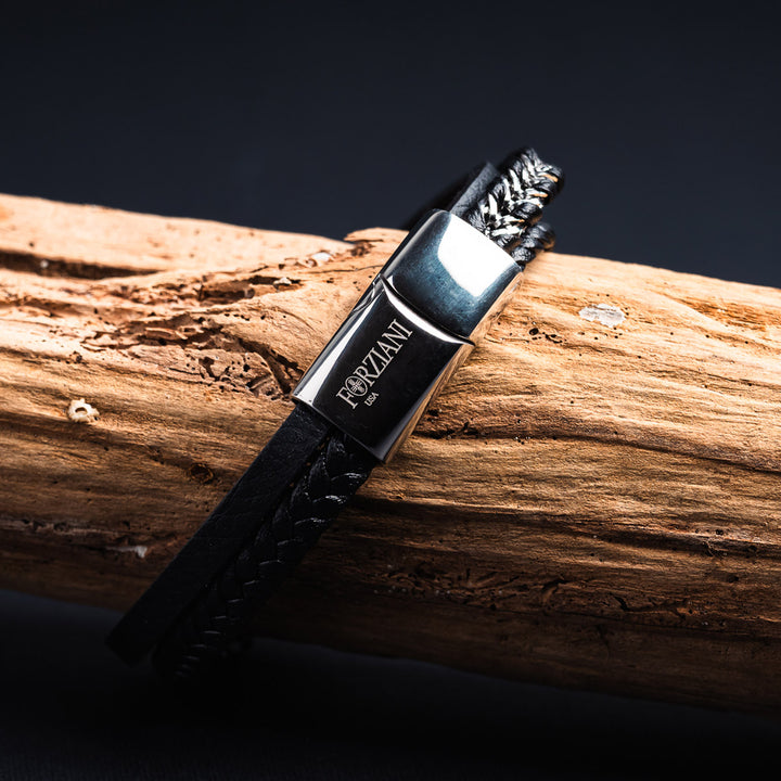 Chrome Line Steel and Leather Men's Bracelet