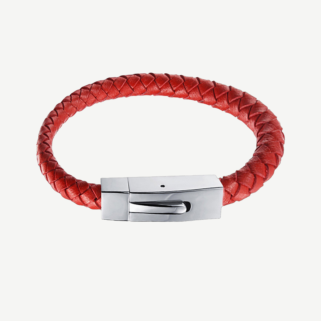 Leo Red Braided Leather Bracelet — finished light background #F5F5F3 — source image 1