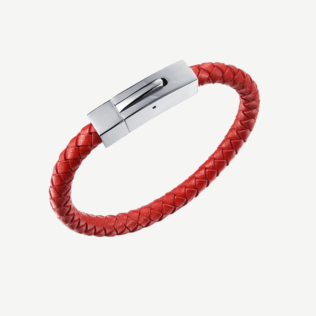 Leo Red Braided Leather Bracelet — finished light background #F5F5F3 — source image 6