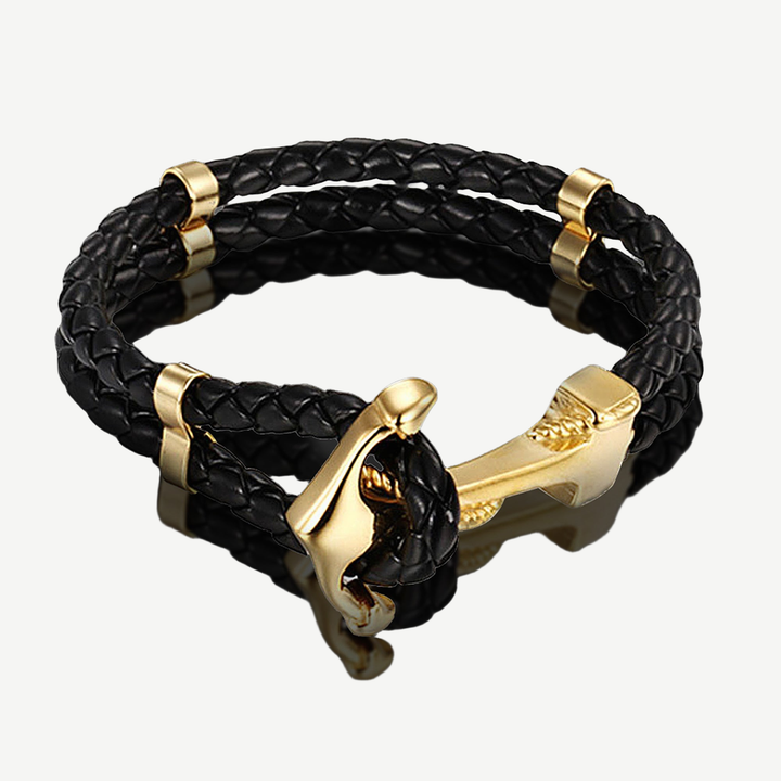 Maritime Gold Anchor Leather Bracelet — finished light background #F5F5F3 — source image 1