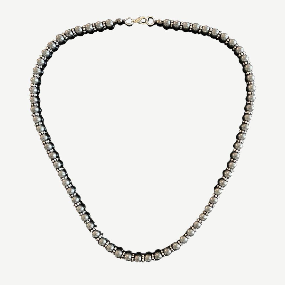 Men’s Black Pearls Necklace, Silver — finished light background #F5F5F3 — source image 1