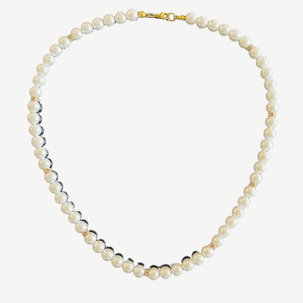 Men’s White Pearls Necklace, Gold — finished light background #F5F5F3 — source image 1