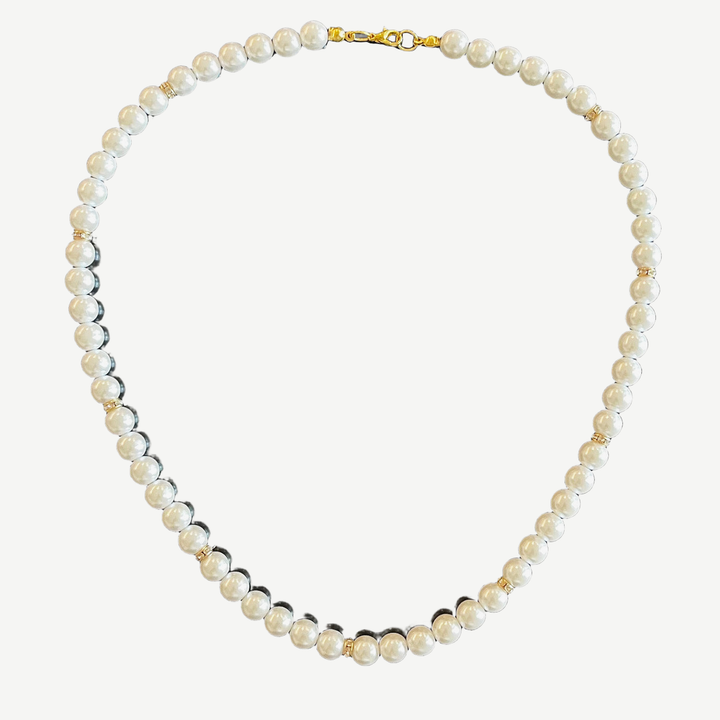 Men’s White Pearls Necklace, Gold — finished light background #F5F5F3 — source image 1