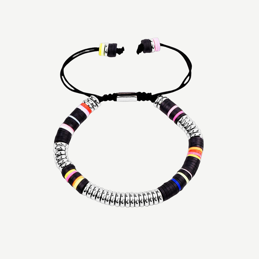 Metallic Multicolor Men’s Disk Beads Bracelet — finished light background #F5F5F3 — source image 1