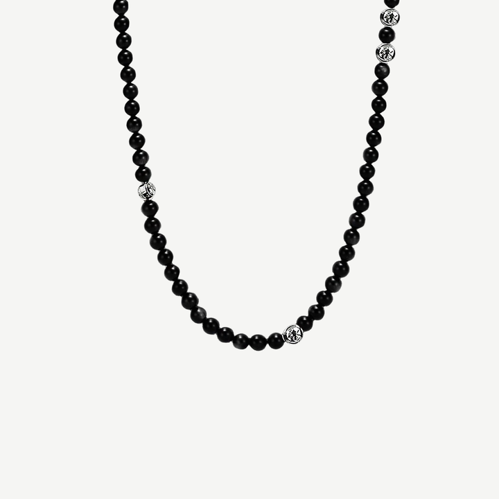 Noir Black Onyx Beaded Necklace — finished light background #F5F5F3 — source image 1
