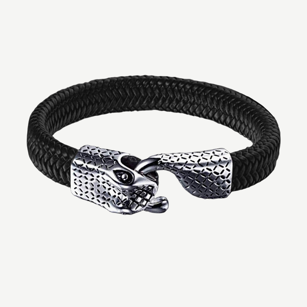 Ouroboros 'Eternity Snake' Leather and Steel Bracelet — finished light background #F5F5F3 — source image 1