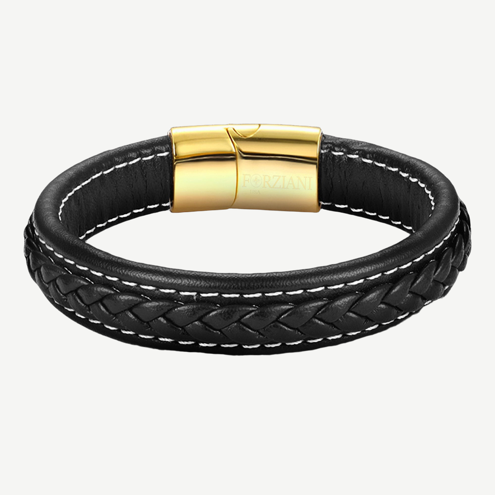 Panache Black Leather and Gold Men's Bracelet — finished light background #F5F5F3 — source image 1