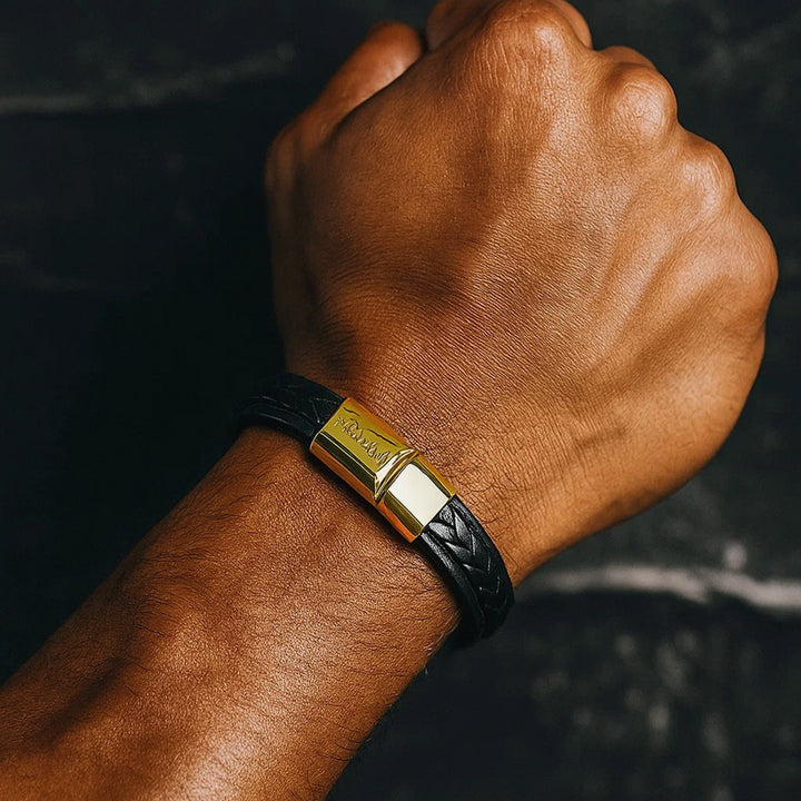 Panache Black Leather and Gold Men's Bracelet