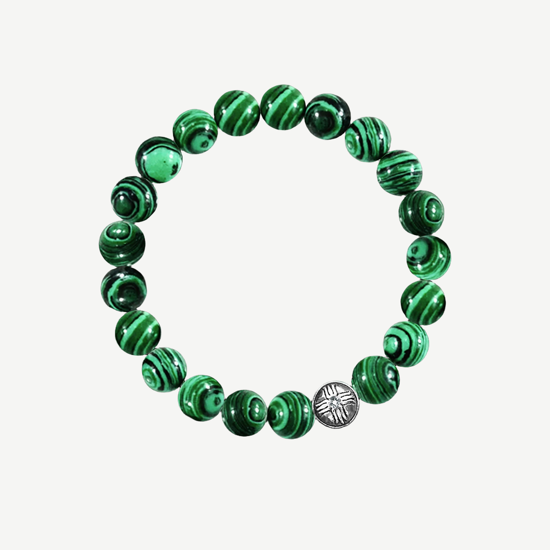 Power Beads Bracelet Malachite, 10mm — finished light background #F5F5F3 — source image 1