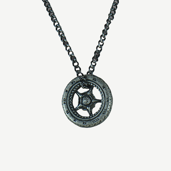 Roman Sundial Necklace — finished light background #F5F5F3 — source image 1