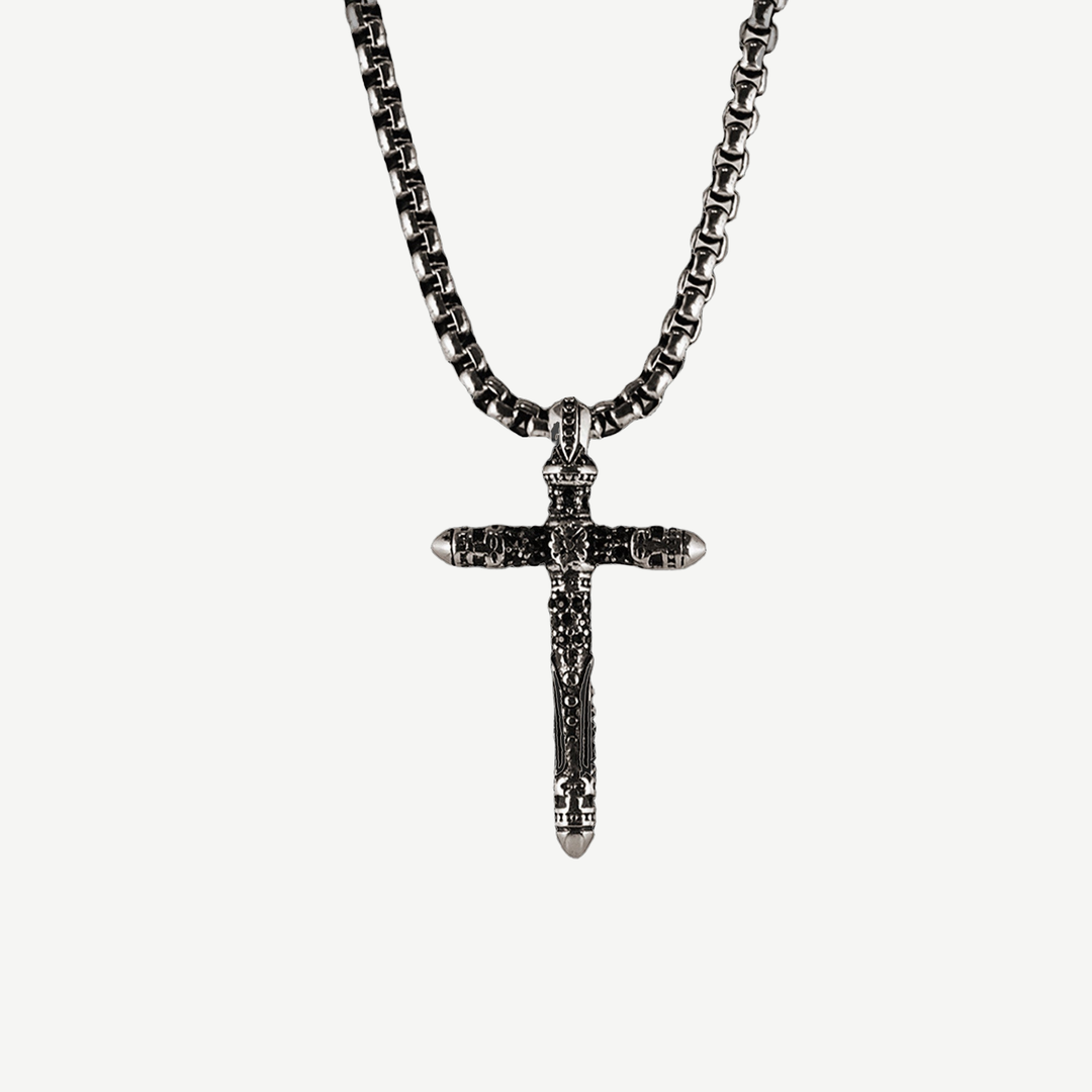 Sculpted Cross Amulet Necklace — finished light background #F5F5F3 — source image 1