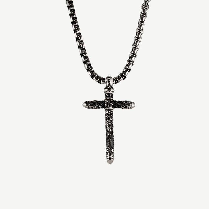 Sculpted Cross Amulet Necklace — finished light background #F5F5F3 — source image 1