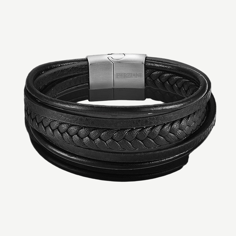 Stratos Multilayered Black Leather Bracelet — finished light background #F5F5F3 — source image 1