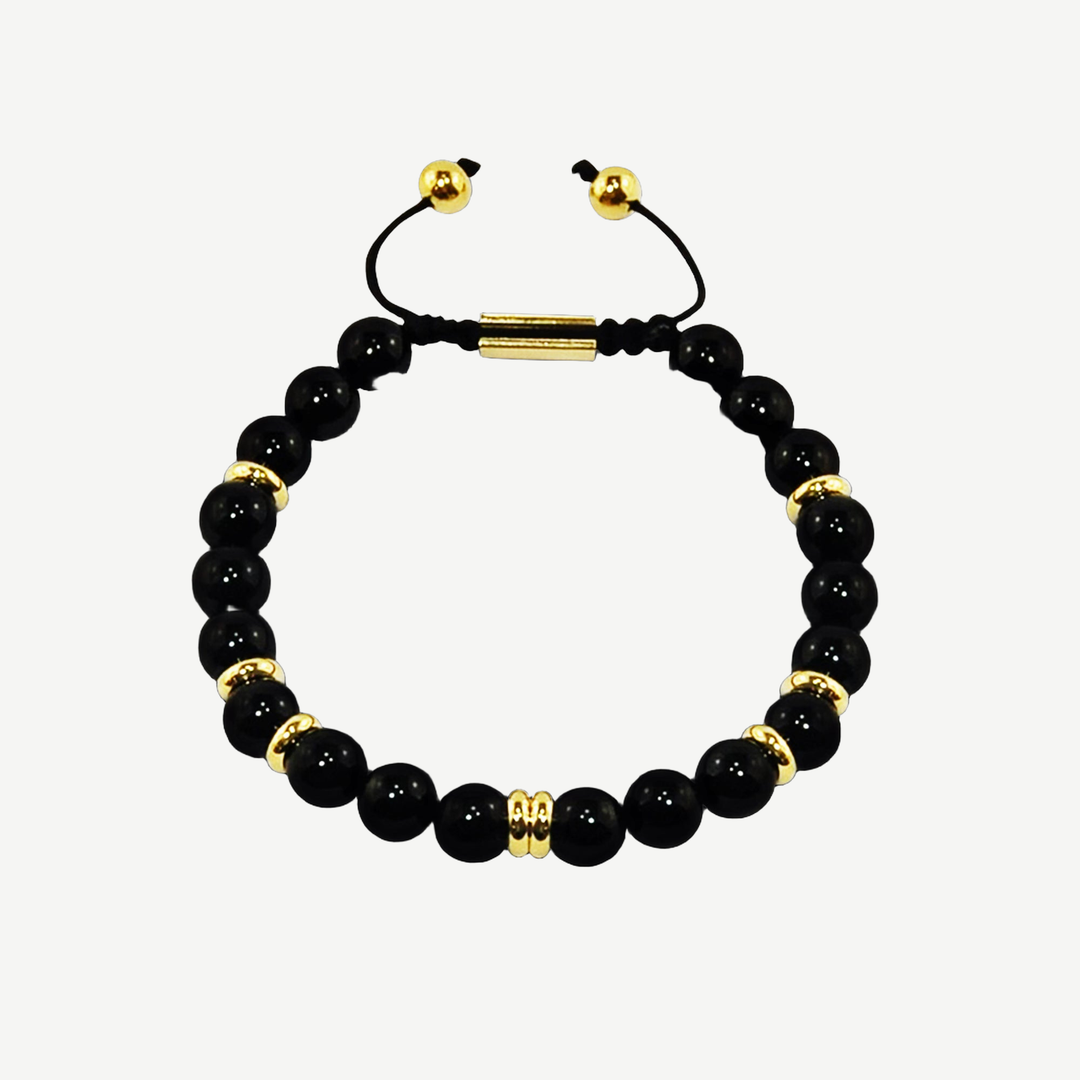 Summit Men’s Beaded Bracelet Black Onyx Gold, 6mm — finished light background #F5F5F3 — source image 1