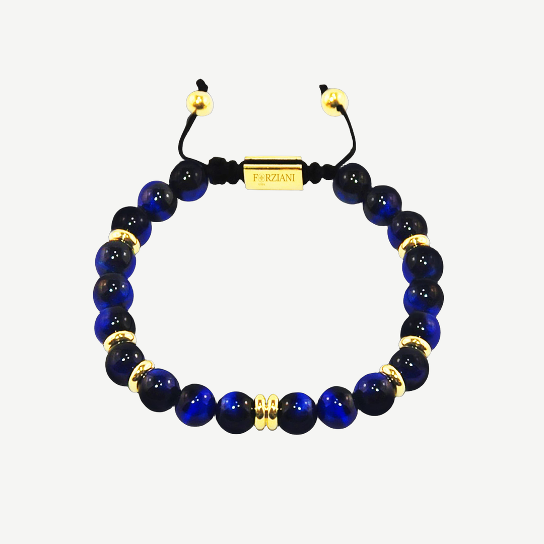 Summit Men’s Beaded Bracelet Blue Tiger's Eye Gold, 6mm — finished light background #F5F5F3 — source image 1