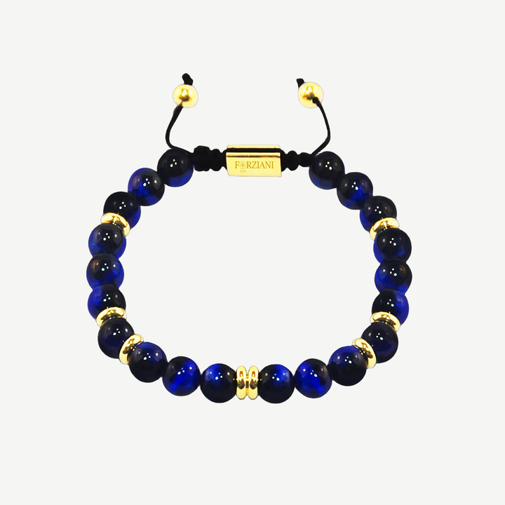 Summit Men’s Beaded Bracelet Blue Tiger's Eye Gold, 6mm — finished light background #F5F5F3 — source image 1