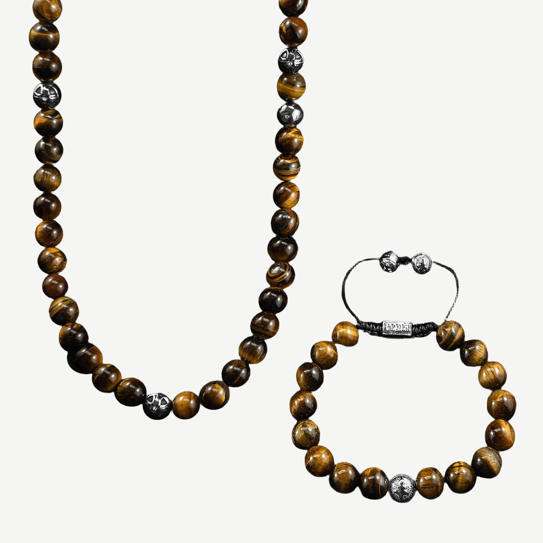 Tiger Eye Beaded Necklace + Bracelet Set — finished light background #F5F5F3 — source image 1