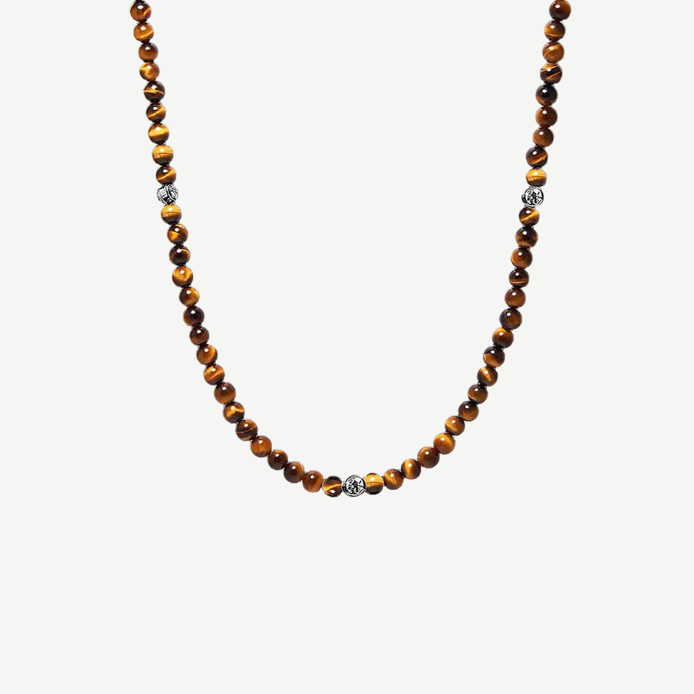 Valor Tiger Eye Beaded Necklace — finished light background #F5F5F3 — source image 1