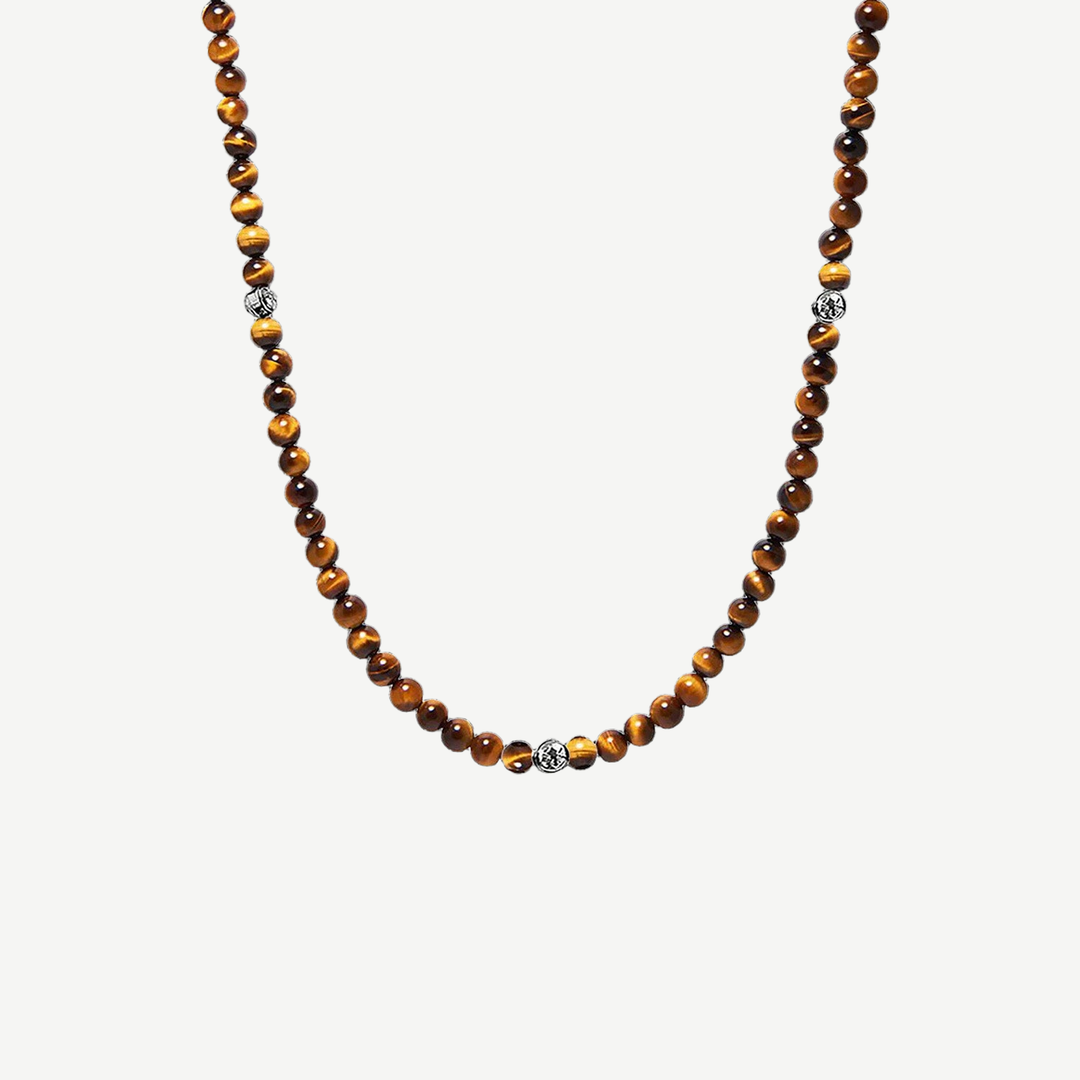 Valor Tiger Eye Beaded Necklace — finished light background #F5F5F3 — source image 1